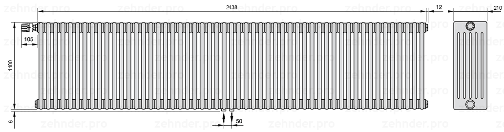 Схема (чертеж) Радиатор Zehnder Charleston 6110/53 №V007 Белый глянцевый RAL 9016